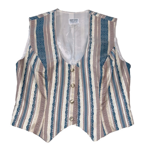 Vintage Hobby Horse Blue, Cream, & Gold Stripe Button Up Vest Top - Size Large